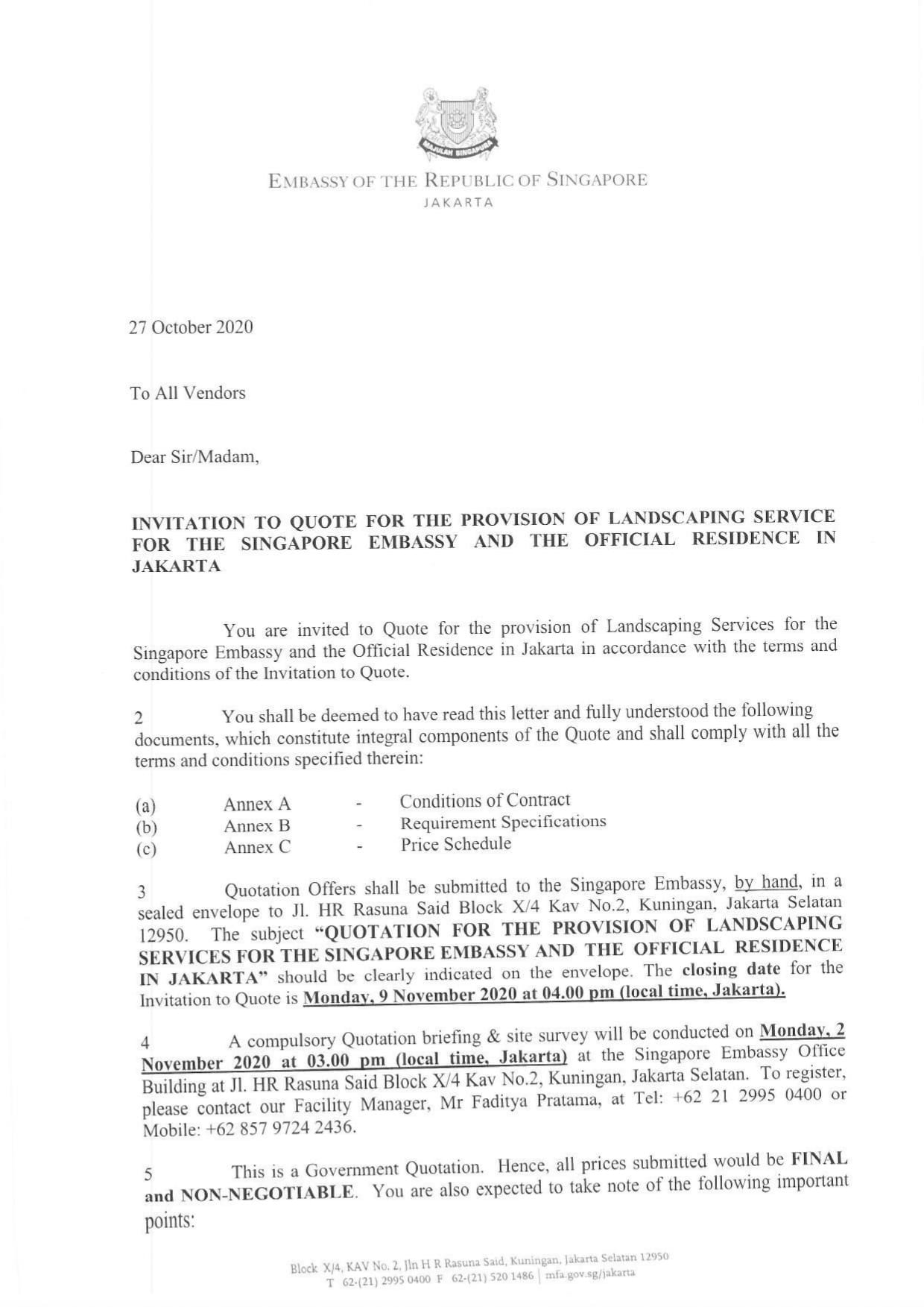 Singapore Embassy Jakarta's invitation to quote for landscaping services, dated 27 October 2020.